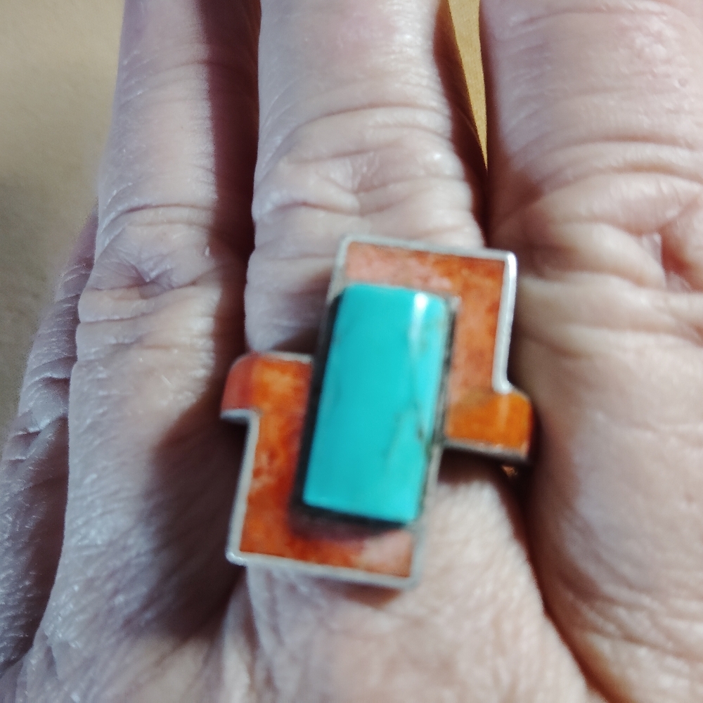 📌 SOLID STERLING, SLEEPING BEAUTY TURQUOISE &  CORAL GEOMETRIC RING. SIZE 11